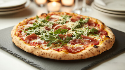 A gourmet pizza topped with arugula, prosciutto, and Parmesan shavings, displayed on a slate serving board in an upscale dining environment