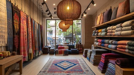 Colorful textiles and rugs displayed in a well-lit store.
