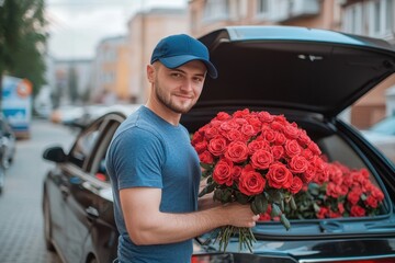 The courier takes a large bouquet of red roses out of the car
