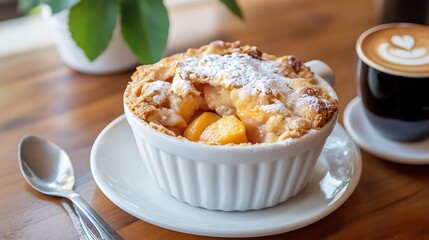 Homemade peach cobbler with coffee