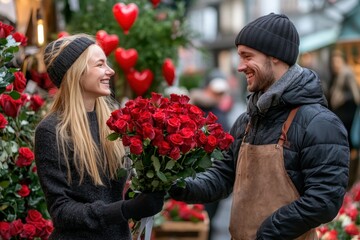 The courier takes a large bouquet of red roses out of the car