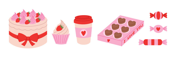 Valentines day desserts set. Cute collection with strawberry cake, cupcake, coffee cup, box of chocolates and candies. Romantic sweets in red and pink colors. Vector flat illustration