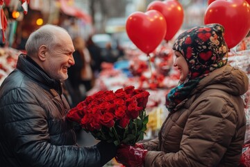 Elderly man congratulates happy girl on Valentine's Day and gives roses and balloons