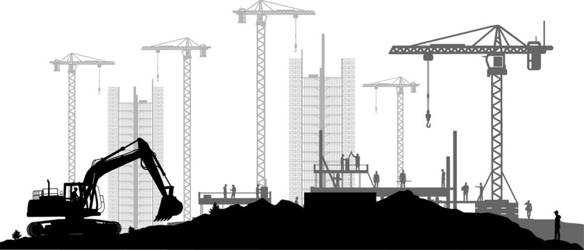 Vektor Silhouette - Bagger auf Sandh&uuml;geln - Geb&auml;ude Bauindustrie - Baumaschine im Einsatz - Bauprojekt