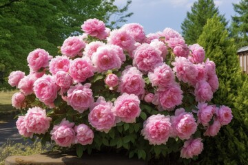 Fototapeta premium Stunning Peony Bush in Full Bloom - Lush Pink Flowers on Green Leafy Plant Bush
