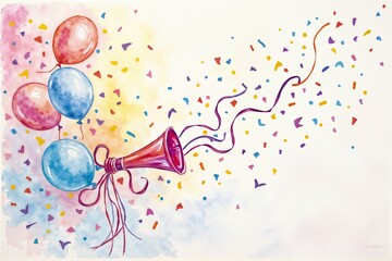 Festive accessories including colorful balloons and a party horn with confetti on a bright background. Practical joke accessories