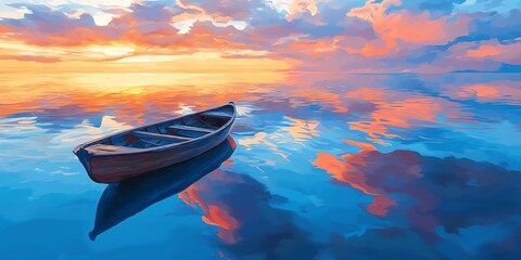Fototapeta premium A serene boat floats on calm waters, reflecting vibrant colors of a breathtaking sunset surrounded by clouds.
