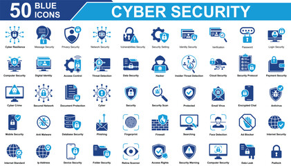 Cyber Security Icon Set Collection. Containing password, hacker, Cloud Security, cyber, Security, threat detection, Antivirus, Padlock, database security. Simple Blue Vector Illustration.