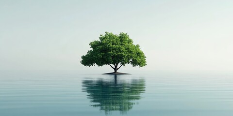 A solitary tree stands in calm waters, reflecting its beauty against a serene, minimalistic backdrop.