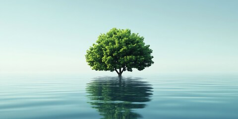 A solitary green tree stands gracefully in calm, reflective waters under a clear sky, symbolizing tranquility and nature's resilience.