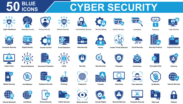 Cyber Security Icon Set Collection. Containing password, hacker, Cloud Security, cyber, Security, threat detection, Antivirus, Padlock, database security. Simple Blue Vector Illustration.