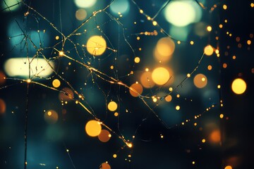 Raindrops on glass reflecting faint city lights, forming abstract glowing trails