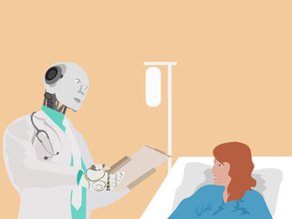 Medical robot treats a patient lying on a hospital bed.