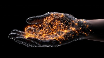 A glowing hand holds interconnected particles, symbolizing creativity, technology, and the flow of energy in a digital age.