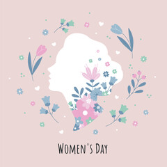 Happy Women's Day card with flowers and a woman's silhouette for March 8 on a light background