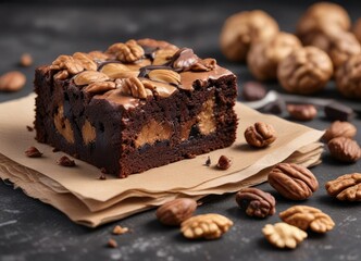 Brownie filled with walnuts and dark chocolate, rich flavor, dessert plate