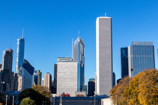 Chicago, Illinois skyline against blue sky in autumn 