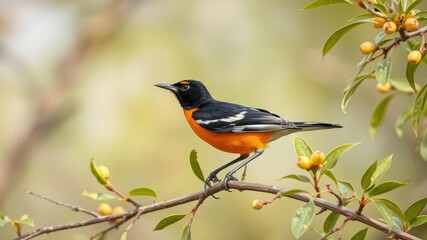 Fototapeta premium bullocks oriole on green branch in southeastern idaho, bird perch, wildlife photography, nature