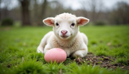 Obraz premium Cute lamb lying on grass with pink Easter egg in springtime setting