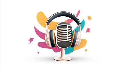 Bright representation of radio waves with colorful patterns around a microphone and headphones design
