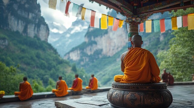 A Tibetan prayer wheel in a mountainous monastery, with monks chanting and colorful prayer flags 