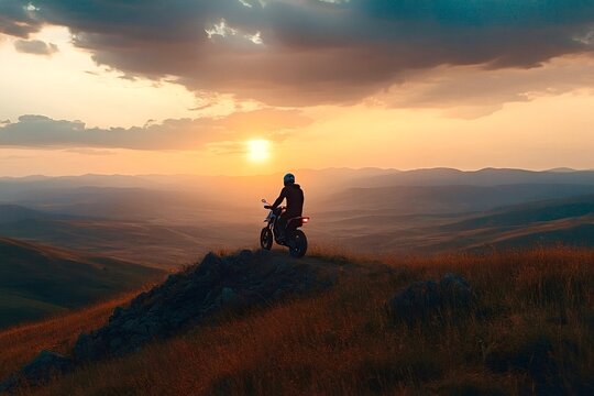 Motorcyclist watching golden sunset over scenic mountains
