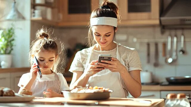 Mother Balancing Phone Cooking and Helping Child with Homework