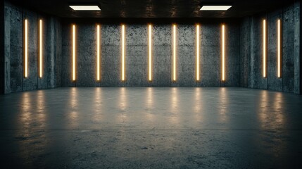 Industrial interior of a modern warehouse with concrete walls, glowing lights, and spacious floor suitable for creative projects and artistic backgrounds
