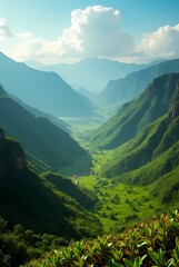 Vibrant landscape of Colombia, lush green coffee plantations in the mountains