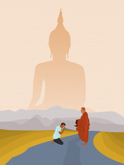 A man kneels to give food to a Buddhist monk.