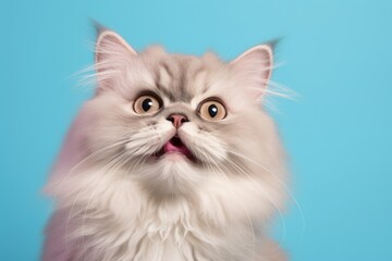 Portrait of a smiling british longhair cat in front of solid color backdrop