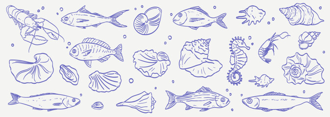 Seafood sketch. Vintage fish food drawing for restaurant menu or kitchen poster or placard. Shrimp, seashell, squid in doodle sketch style. Sea grilled cuisine for coastal wedding beach party design.
