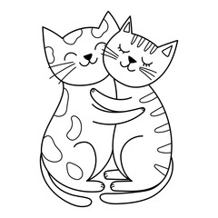 Obraz premium Cute cats couple in love in outline. Happy feline characters for romantic and Valentine's Day prints or coloring pages. Vector illustration