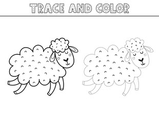 Trace and color game in outline for kids with a cute sheep. Activity page in black and white with a funny farm animal. Great for coloring book. Vector illustration