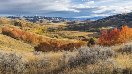 Scenic autumn landscape with golden valleys, colorful trees and distant mountain range