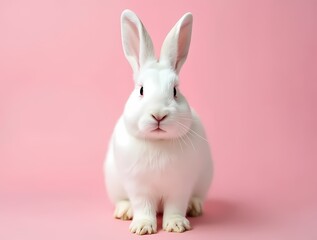 Obraz premium White cute dutch lop rabbit standing on pink background