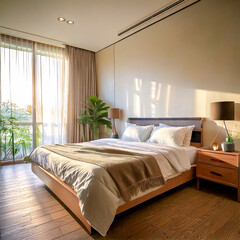 Modern Cozy Bedroom,A cozy bedroom with a modern design, featuring a large bed, soft lighting, and floor-to-ceiling windows with sheer curtains.