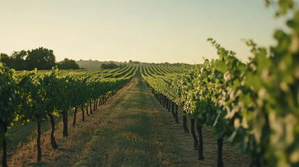 Naklejka premium Vineyard with rows of green vines cinematic view.