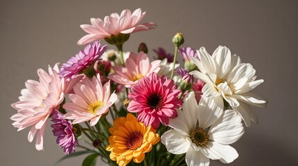 Fototapeta premium Vibrant mixed bouquet of flowers in a glass vase against a soft background