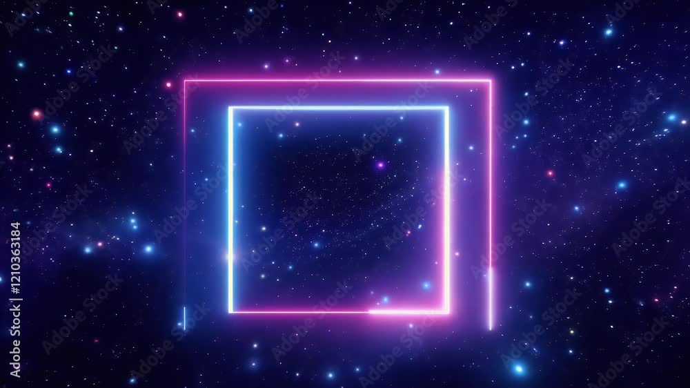 Wall mural surreal motion graphic of a glowing neon doorway suspended in deep space surrounded by a vast field 
