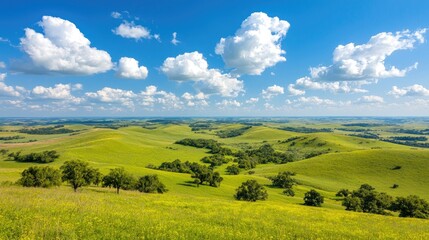 Fototapeta premium Rolling green hills stretch across a vast rural landscape under a bright blue sky with fluffy white clouds.