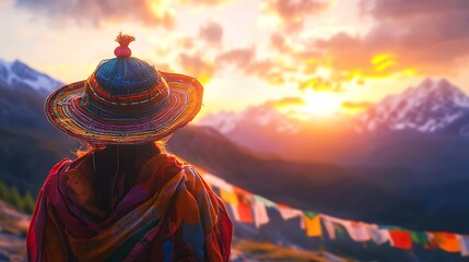 Woman in colorful hat & shawl admires sunset over majestic mountains.