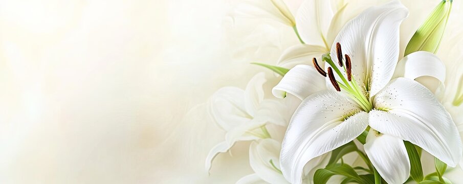 White lilies bouquet, soft background, sympathy card design