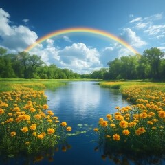 Idyllic river scene with rainbow and wildflowers.