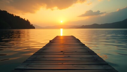 Naklejka premium A surreal lake scene at dawn with a wooden dock stretching into a misty horizon. 