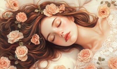 Naklejka premium Sleeping Beauty: A Dreamlike Portrait of a Woman Surrounded by Roses