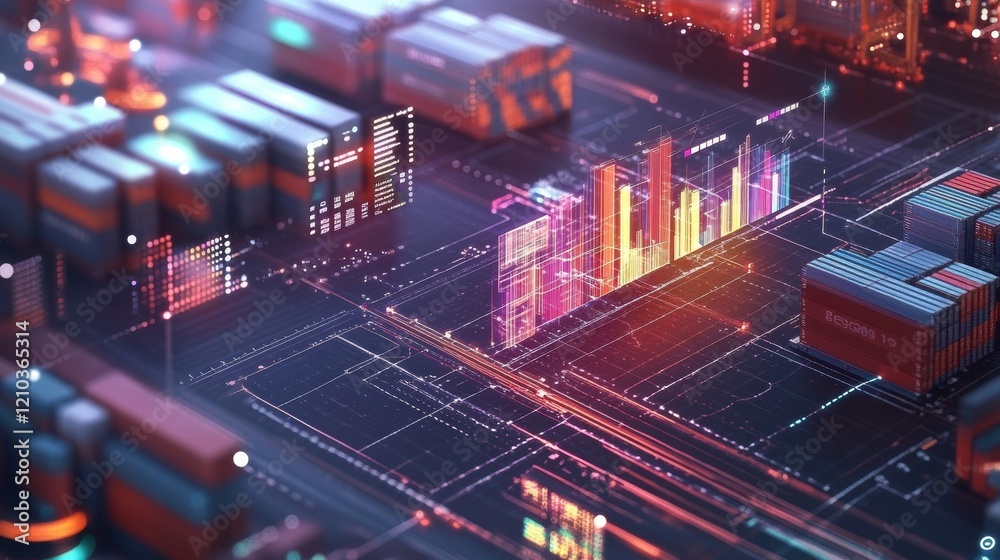 Poster futuristic logistics management system analyzing cargo data and displaying vibrant charts and graphs