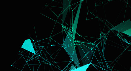 Abstract geometric network with interconnected lines and triangles against black background