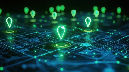 Futuristic Digital Map with Neon Green Location Pins and Network Connectivity for Geolocation Technology Representation