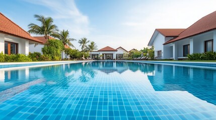 Fototapeta premium Luxurious resort swimming pool surrounded by palm trees and elegantly designed villas during a sunny day